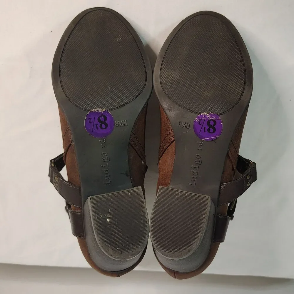 Indigo Rd Brown Ankle Boots Women’s 8.5 Buckle Harness Stacked Heel Zip Booties